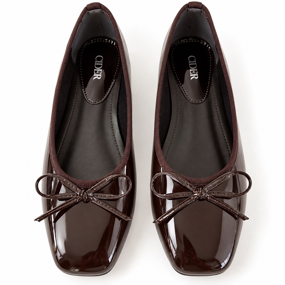 CIDER Brown Patent Ballet Flats EU 37 US 6.5 Square Toe Bow Coquette Preppy